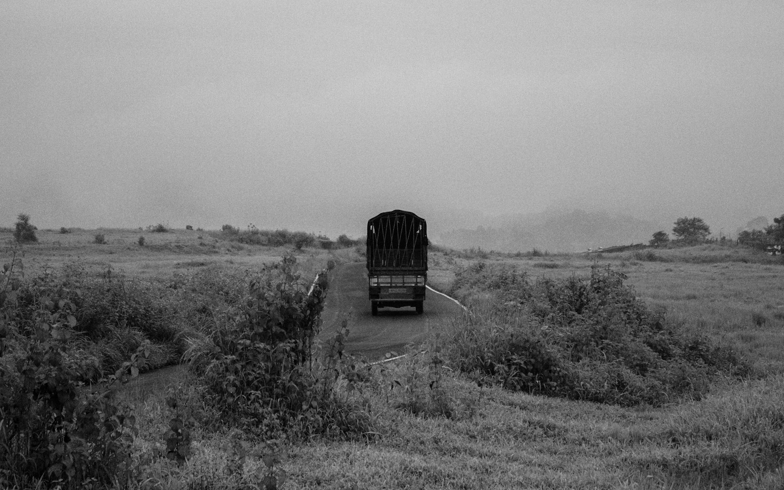 Camión transitando por una vía rural entre campos